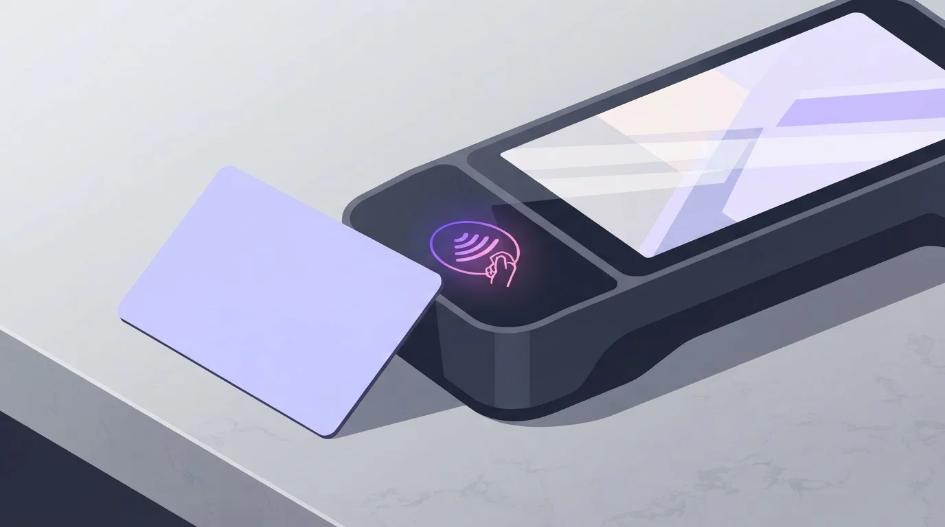 Bankkarte liegt an einem kontaktlosen Kartenterminal.