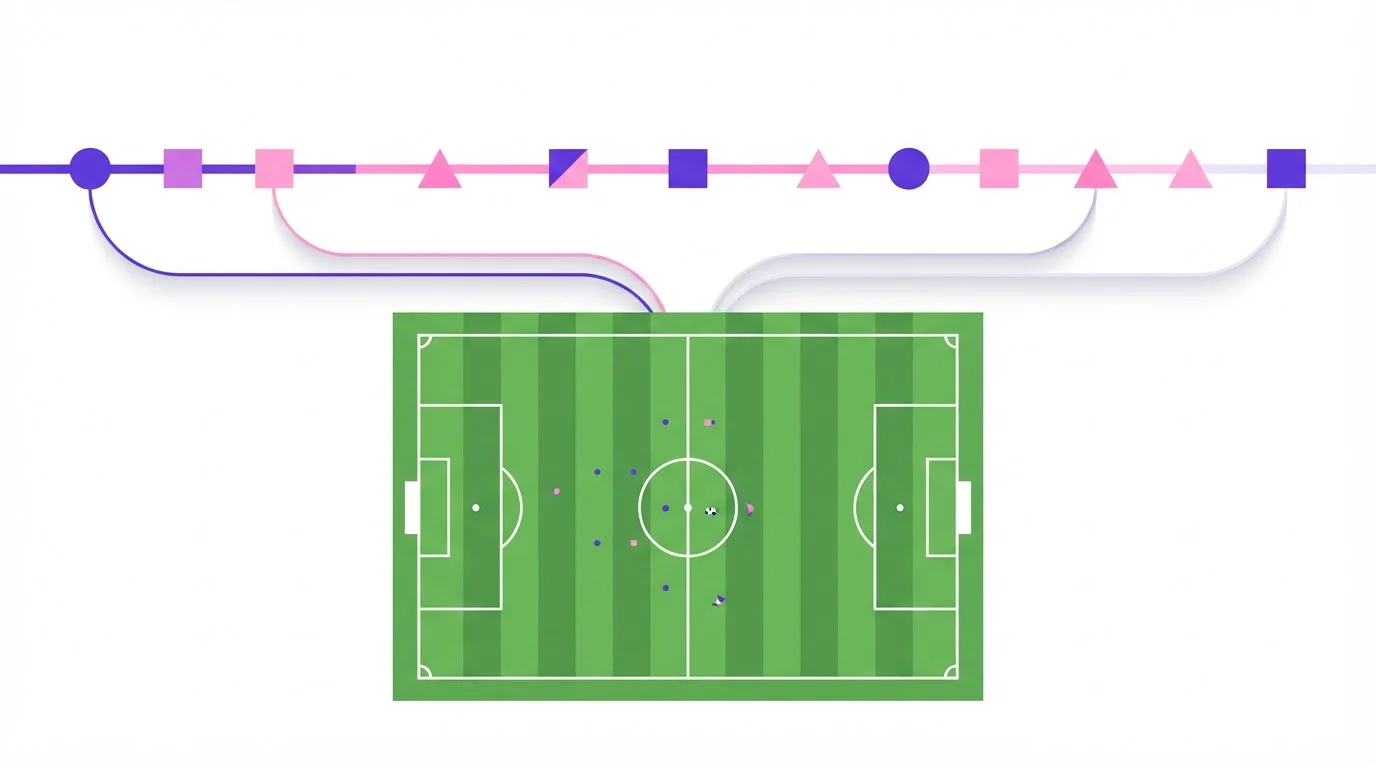Farbige Markierungen auf einer schmalen Verlaufslinie oberhalb eines Fußballfeldes.