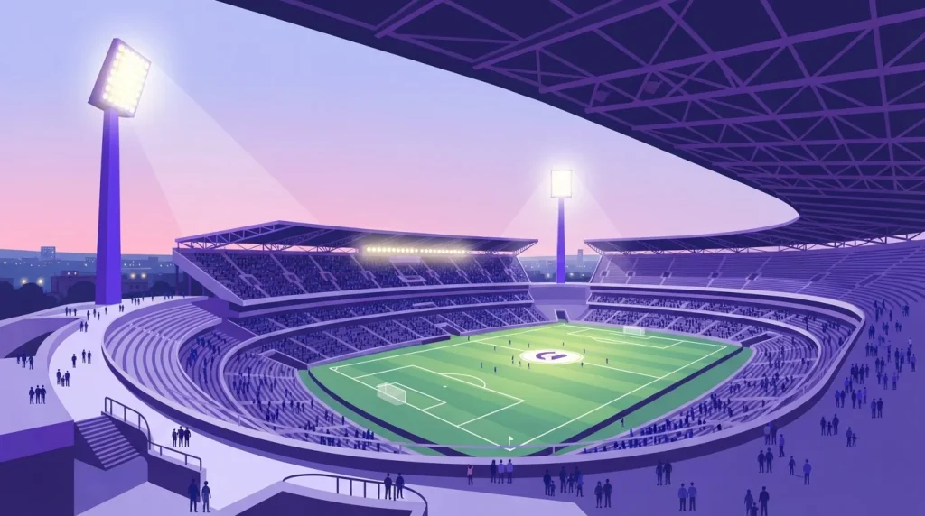 Beleuchtete Zuschauertribünen und hohe Flutlichtmasten in der Abenddämmerung