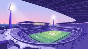 Beleuchtete Zuschauertribünen und hohe Flutlichtmasten in der Abenddämmerung