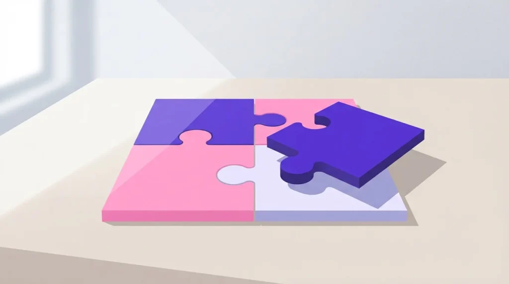 Vier große Puzzleteile greifen ineinander