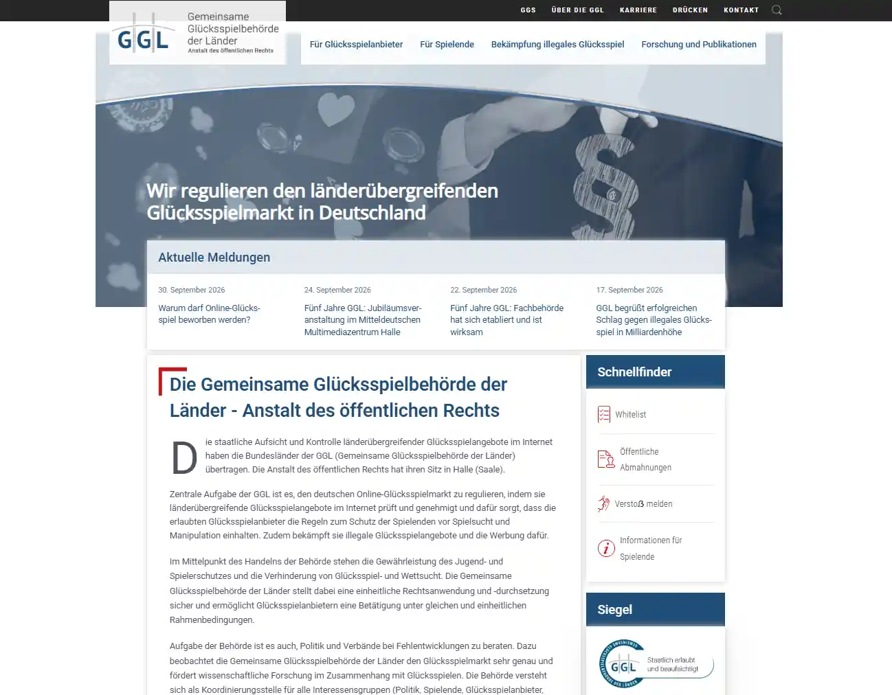 Offizielle GGL-Informationsseite zur deutschen Glücksspielaufsicht.