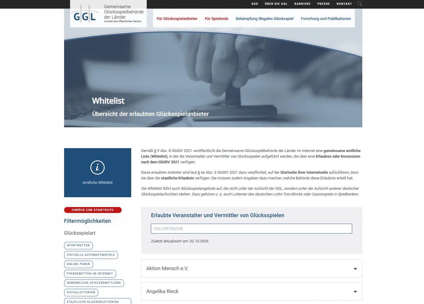 Offizielle GGL-Whitelist zur Überprüfung der in Deutschland erlaubten Glücksspielanbieter.