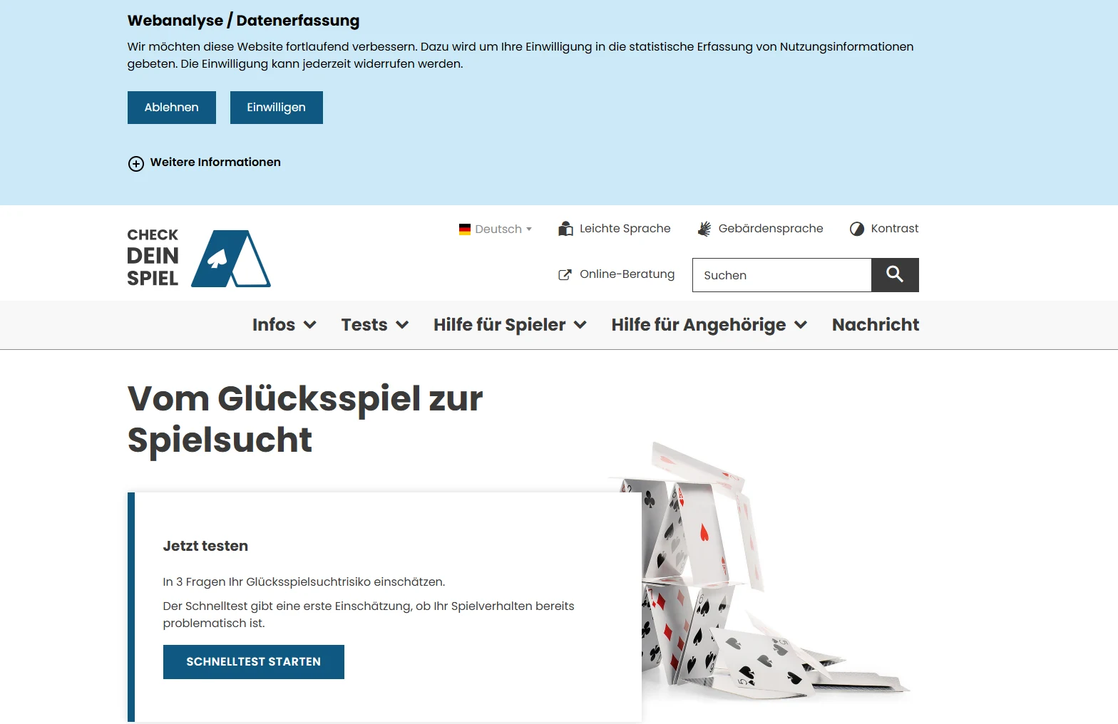 Öffentliche Informationsseite zur Prävention von Glücksspielproblemen.