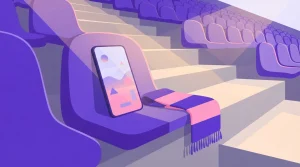 Smartphone auf einem Stadionsitz neben einem schlichten Fanschal