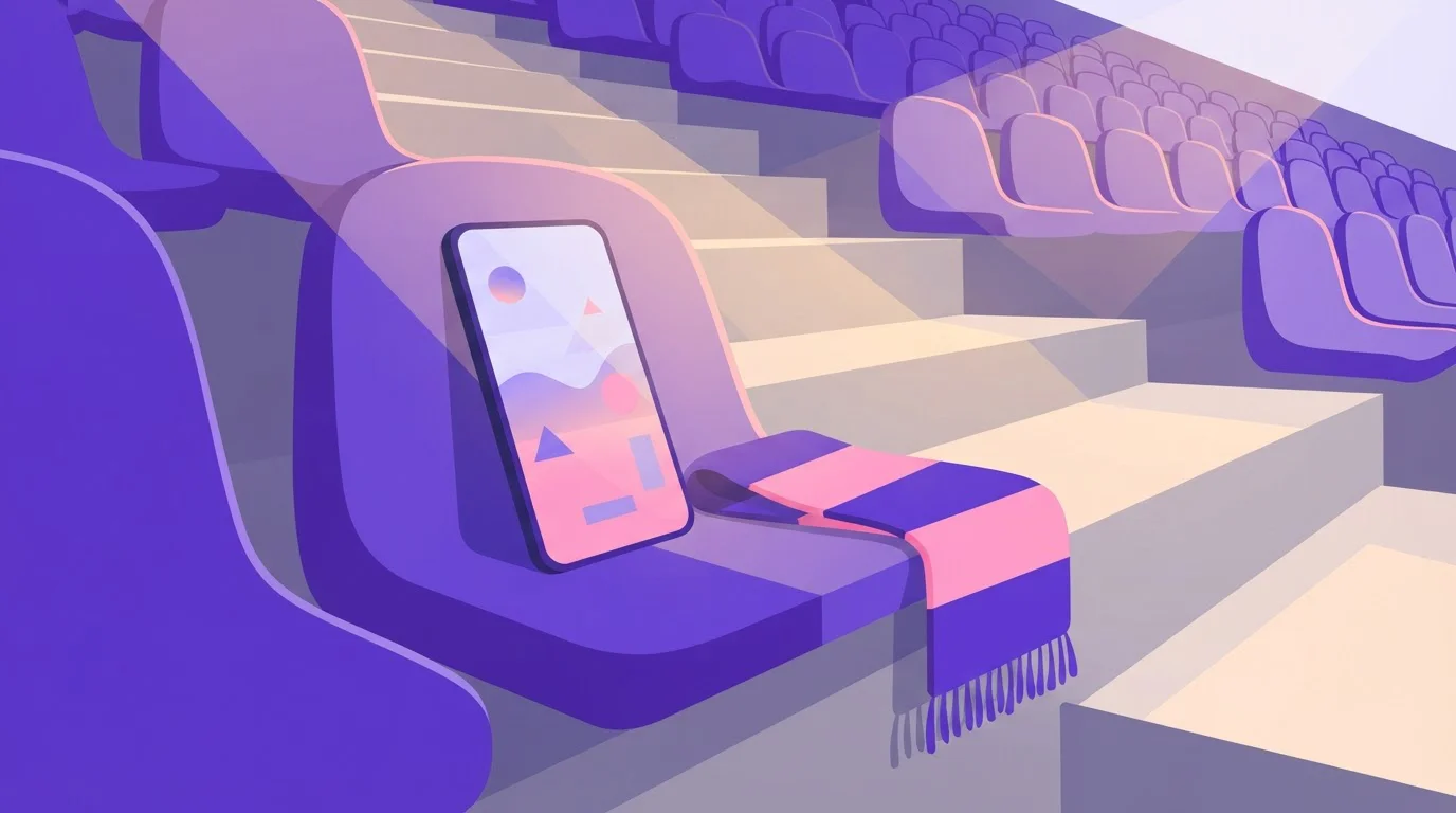 Smartphone auf einem Stadionsitz neben einem schlichten Fanschal
